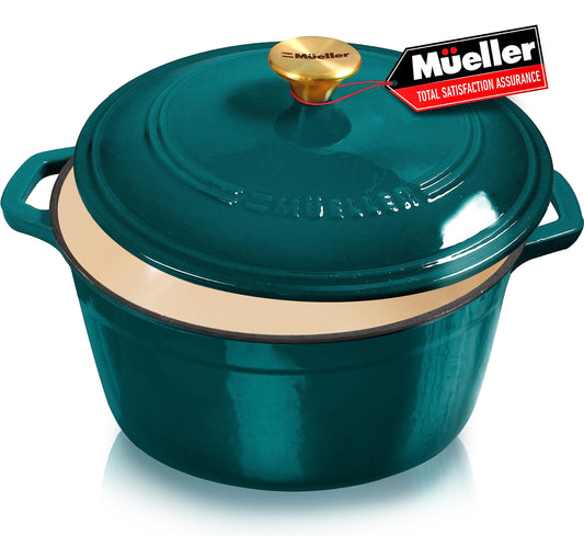 Mueller DuraCast 6 Quart Enameled Cast Iron Dutch Oven Pot with Lid, Heavy-Duty, Braiser Pan, Stainless Steel Knob, for Bread Baking, Braising, Stews, Roasting, Safe across All Cooktops, Emerald