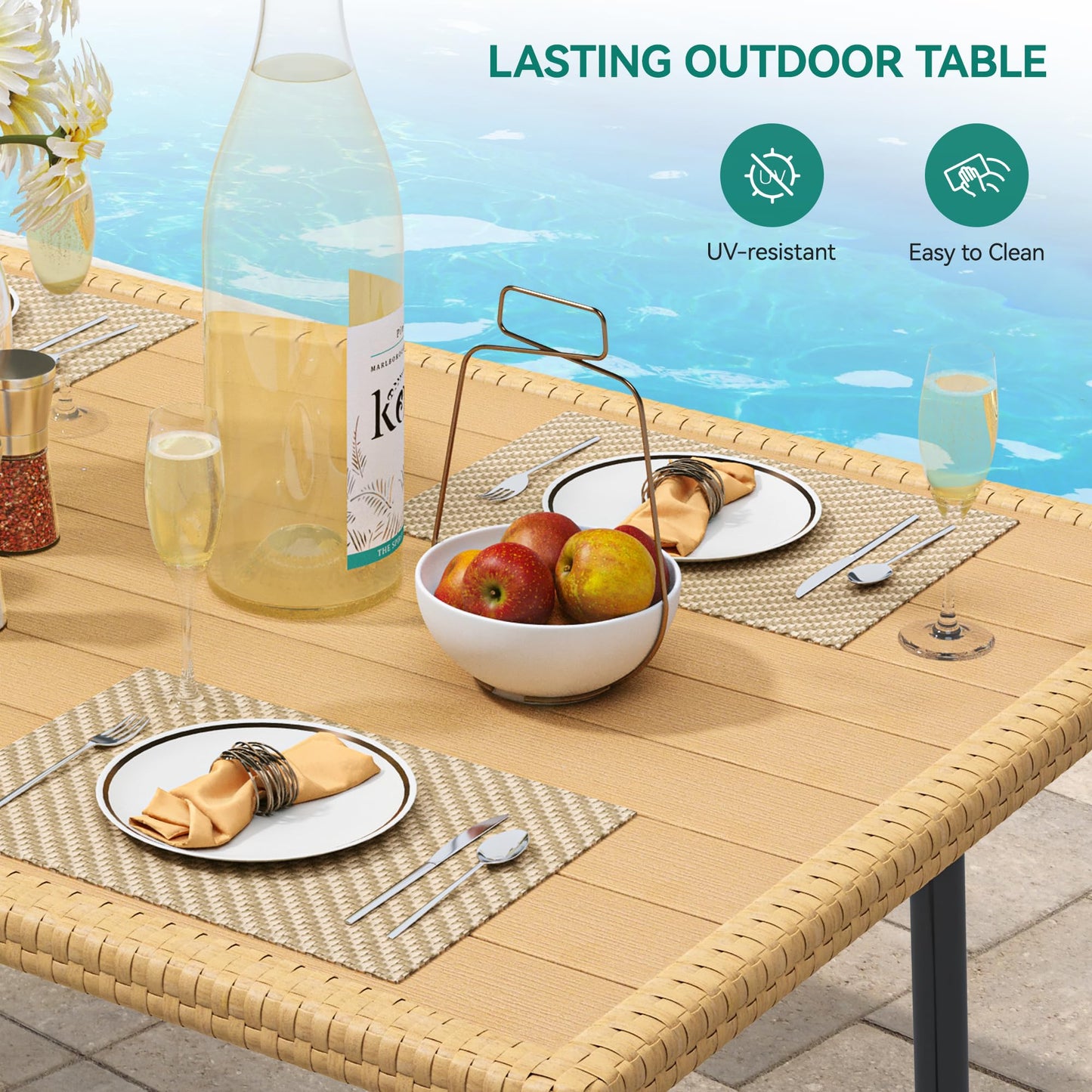 10-Piece Outdoor All-Weather Rattan Dining Set for Backyard Deck with Soft Cushions and Plastic Wood Dining Table (Light Brown+Black)