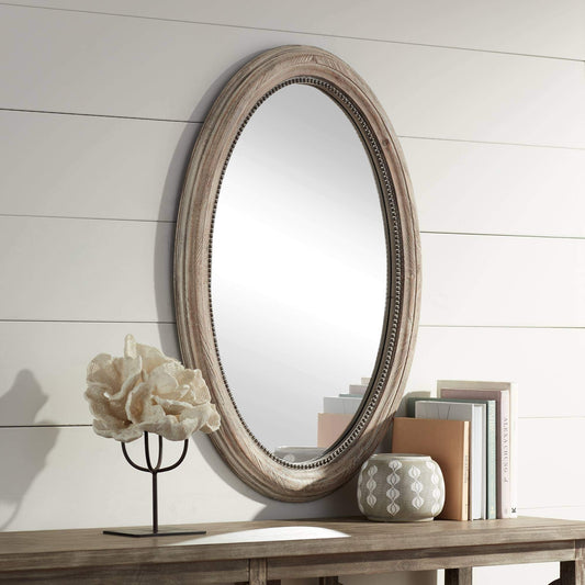 Noble Park Zahra Oval Vanity Decorative Wall Mirror Vintage Rustic Farmhouse Natural Brown Wooden Frame Beaded Trim 23 1/2" Wide for Bathroom Bedroom Living Room Home Office Entryway