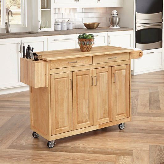 Homestyles General Line Kitchen Mobile Cart with Drop Leaf Breakfast Bar, 54 Inches Wide, Natural Hardwood
