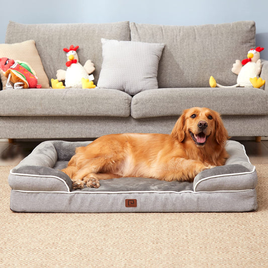 Orthopedic Dog Beds for Large Dogs, Waterproof Memory Foam Large Dog Bed with Sides, Non-Slip Bottom and Egg-Crate Foam Large Dog Couch Bed with Washable Removable Cover, Grey