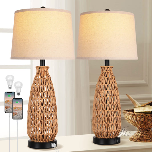 Table Lamp for Living Room with Touch Control，3-Way Dimmable Bedside Lamps for Bedrooms Set of 2 with Dual USB Ports,27" Large Contemporary Coastal Rattan Nightstand Lamp, 2700K LED Bulbs Included