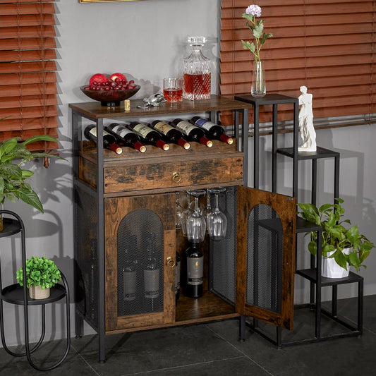 Liquor Cabinet with Wine Rack and Drawer, Wine Bar Cabinet for Liquor and Glasses, Wood Coffee Bar Cabinet with Visual Mesh Door, FreeStanding Sideboard, Rustic