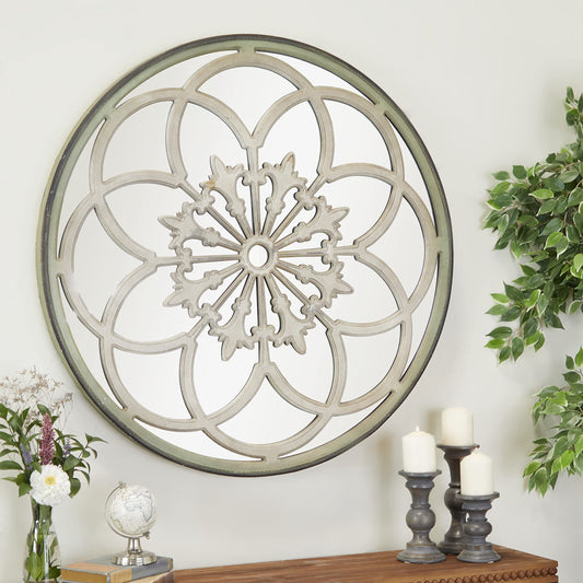 Deco 79 Wood Floral Medallion Wall Mirror, 40" x 2" x 40", White