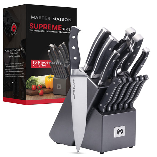 15-Piece Premium Kitchen Knife Set With Block German Stainless Steel Knives With Knife Sharpener & 6 Steak Knives (Gray)