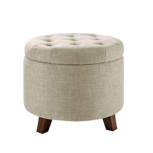 Upholstered Tufted Storage Round Ottoman Footstool, Burlap Beige, ‎20"W x 20"D x 17"H