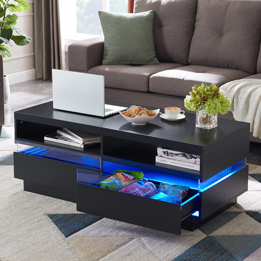 T4TREAM 48" LED Coffee Table with Storage, Modern Center Table with LED Lights & Power Strip, Coffee Table with Drawers for Living Room, Easy Assembly, Solid Black
