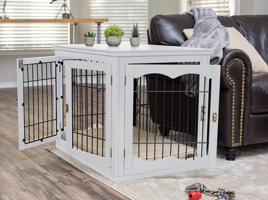 Decorative Dog Kennel with Pet Bed - Small Dog - Double Door - Wooden Wire Dog House - Indoor Pet Crate Side Table - White