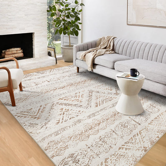 Area Rug Living Room Carpet: 5x7 Large Moroccan Soft Fluffy Geometric Washable Bedroom Rugs Dining Room Home Office Nursery Low Pile Decor Under Kitchen Table Light Brown/Ivory