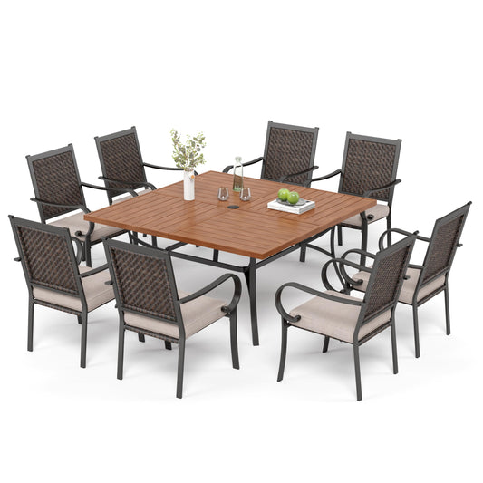 MIXPATIO Outdoor Patio Dining Set 9 Pcs, Patio Dining Table Chair Set, 60" x 60" Large Square Wood-Like Metal Dining Table and 8 Wicker Outdoor Dining Chairs for Lawn, Garden, Yards, Poolside
