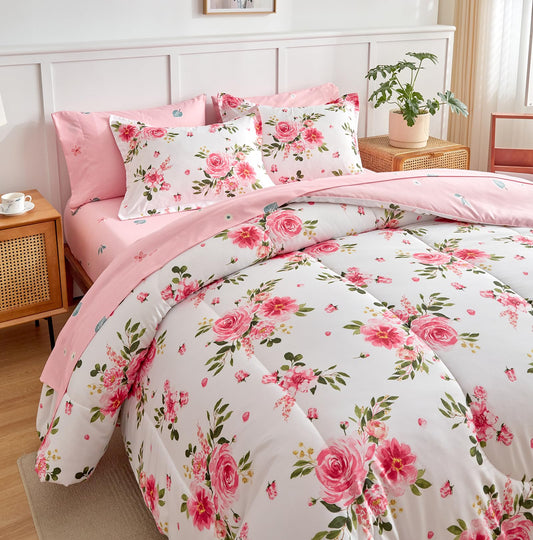 Flower Comforter Sheet Set White Bed in a Bag 7 Pieces King Size Dark Pink Floral Microfiber Bedding Set (1 Comforter 2 Pillow Shams 1 Pink Flat Sheet 1 Fitted Sheet 2 Pillowcases)