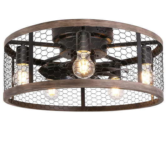 20'' Flush Mount Caged Ceiling Fan with Lights Remote Control, Farmhouse Rustic Low Profile Small Vintage Enclosed Ceiling Fan Lighting Fixture Bedroom Dining Room