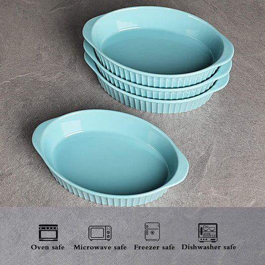 Porcelain Small Oval Au Gratin Pans,Set of 4 Baking Dish Set for 1 or 2 person servings, Bakeware with Double Handle for Kitchen and Home (Turquoise)