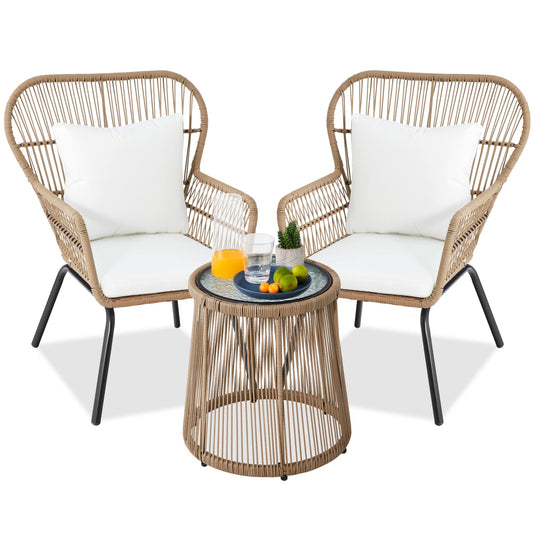 Best Choice Products 3-Piece Patio Conversation Bistro Set, Outdoor All-Weather Wicker Furniture for Porch, Backyard w/ 2 Wide Ergonomic Chairs, Cushions, Glass Top Side Table - Tan