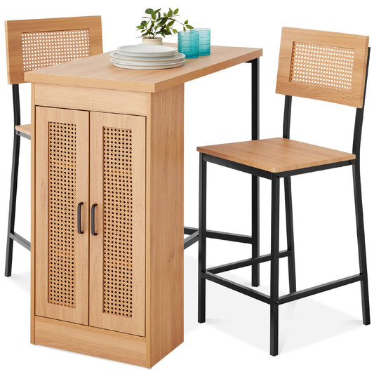 3-Piece Rattan Dining Set, Counter Height Boho Dining Table for Kitchen for 2, Dining Room w/Adjustable Storage Shelves, Cabinet Doors, Metal Frames