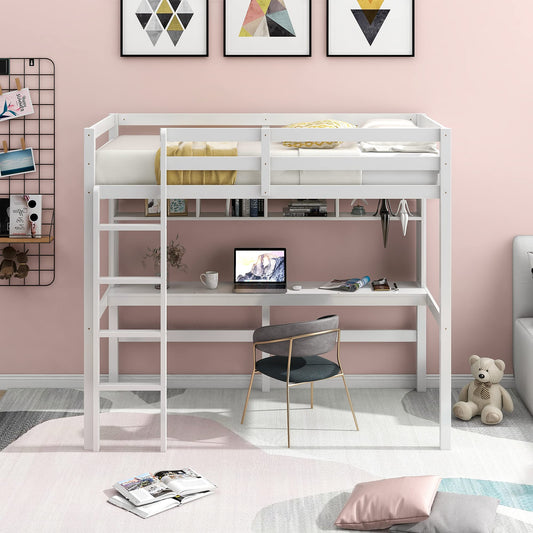 Merax Twin Loft Bed with Desk, Wood Bed with Bookshelf and Ladder, Space-Saving and Convenient Bed Frame for Teens Adults (White)