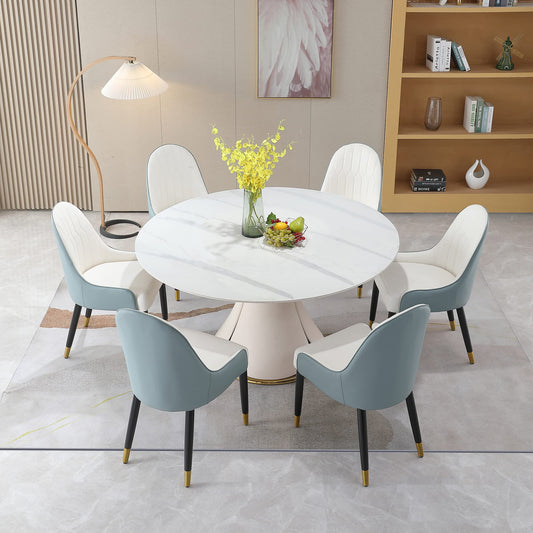 Runboll Sintered Stone Round Dining Table Set for 6 Modern Artificial Marble Kitchen Room Table with 6 Chairs