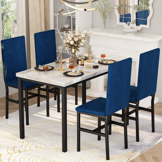 Dining Table Set for 4- Space Saving Kitchen Table and Chairs for 4, Modern Style Faux Marble Tabletop & 4 Blue Velvet Chairs, Perfect for Dining Room, Kitchen, Breakfast Corner Small Spaces