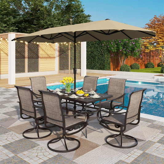 8 Piece Patio Dining Set with 13ft Patio Beige Umbrella and Swivel Dining Chairs