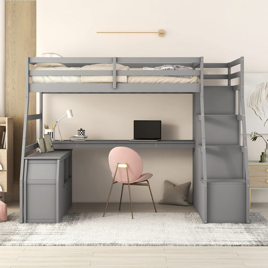 Merax Loft Bed Twin Size, Wooden Frame with Desk and Storage, Space-Saving Design with Convenient Multi-Drawers & Cabinet, for Teens Adults (Grey)