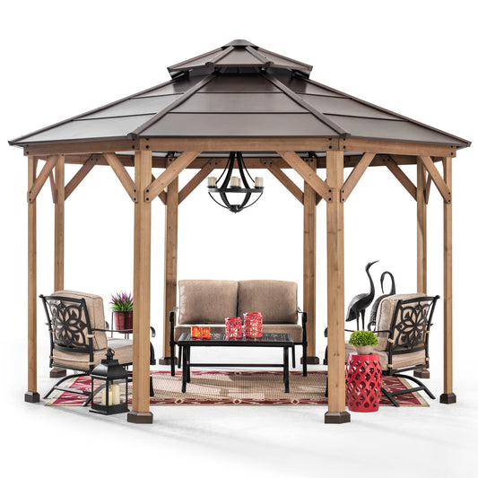 Sunjoy Ion Collection 13 x 13 ft. Cedar Framed Octagon Wood Gazebo with Brown Double Tiered Steel Hardtop Roof and Ceiling Hook for Garden, Backyard Shade