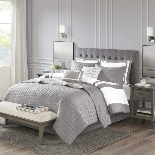 Madison Park Heritage Comforter Quilt Combo Set - Modern Luxury Design, All Season Down Alternative Bedding, Matching Shams, Decorative Pillows, Full/Queen(90"x90"), Color Block Grey 8 Piece