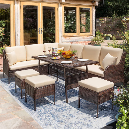 7 Piece Beige Patio Outdoor Sectional Sofa with Dining Table and Chairs in Wicker Rattan