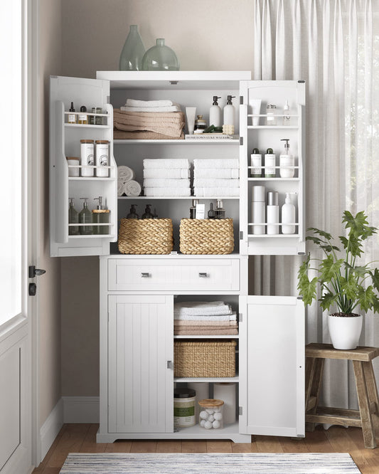 Kitchen Pantry Storage Cabinet - 71.9 Inch Tall Freestanding Cupboard with 1 Large Drawer, 6 Hanging Shelves for Dining Room, Living Room, Laundry, White