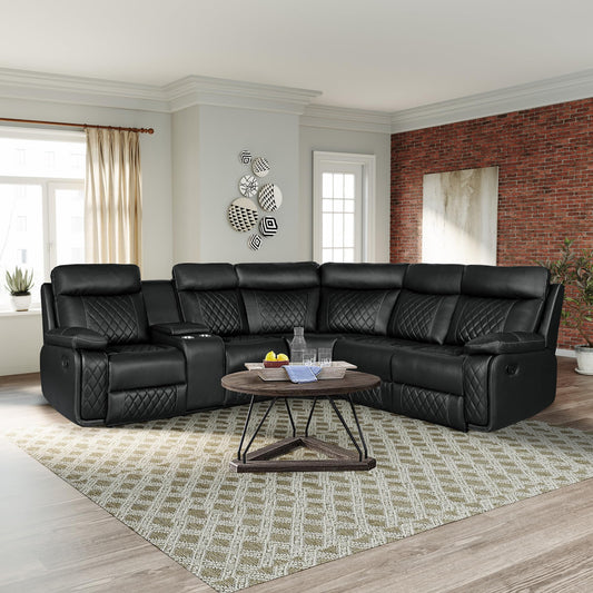 Manual Reclining Sectional Sofa Set Premium Faux Leather Recliner Corner Sectional Couch with Console & Cup Holders for Living Room