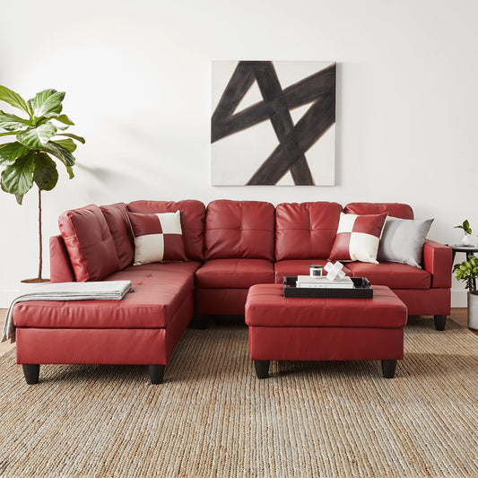 Left Facing Red Sectional Sofa Set With Ottoman