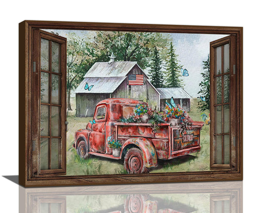 Farmhouse Red Truck Decor Wall Art Rustic Farm Country Barn American Flag Butterfly 3D Window Pictures Wall Decor Canvas Painting Prints Artwork Decorations Framed for Bathroom Kitchen Bedroom 16"x12"