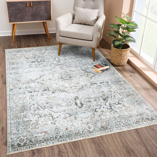 Bloom Rugs Caria Washable Non-Slip 4x6 Rug - Ivory/Gray/Caramel Traditional Persian Area Rug for Living Room, Bedroom, Dining Room, and Kitchen - Exact Size: 4' x 6'