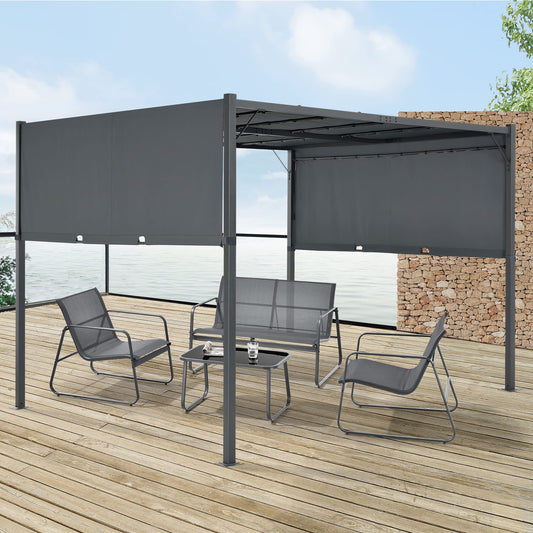 10×10 Outdoor Pergola with Retractable Canopy & Solar Lights - Heavy Duty Steel Metal Patio Pergola Gazebo for Garden Backyard Porch, Grey