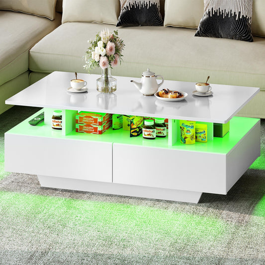 YITAHOME Modern Coffee Table with Storage, High Glossy LED Coffee Tables for Living Room, Center Table with Open Display Shelf & Sliding Drawers, White