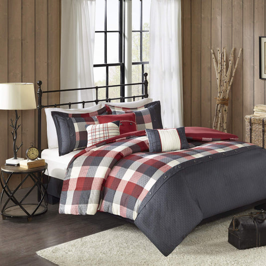 Cabin Lodge Plaid Herringbone Design, All Season Down Alternative Cozy Bedding with Matching Bedskirt, Shams, Decorative Pillow, Red King(104"x92") 7 Piece