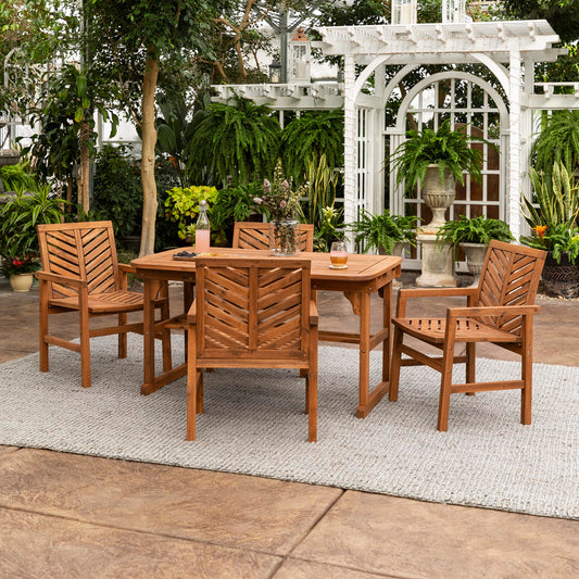 Walker Edison 4-6 Person Outdoor Wood Chevron Back Patio Furniture Dining Set Extendable Table Chairs All Weather Backyard Conversation Garden Poolside Balcony, 5 Piece, Brown