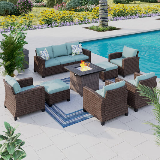 HERA'S HOUSE 8 Pieces Wicker Patio Furniture Set with Fire Pit Table, 4 x Single Chair, 2 x Ottoman, 3-Seat Sofa with Fire Pit Table, Outdoor Conversation Set for Garden, Poolside, Backyard, Blue