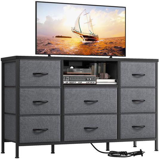 Dresser TV Stand with Power Outlet Entertainment Center with 8 Fabric Deep Drawers Media Console Table for 55" TV Wide Storage Drawer Dresser for Bedroom, Living Room, Entryway, Grey