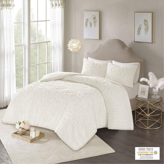 Madison Park Laetitia Comforter Bohemian Tufted Cotton Chenille, Medallion Shabby Chic All Season Down Alternative Bed Set with Matching Shams, Floral Off White Full/Queen(90"x90") 3 Piece