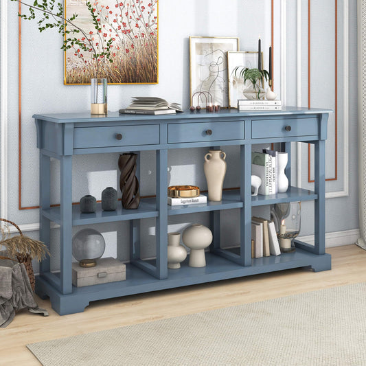 Retro Blue Sideboard Storage TV Console Table with Drawers and Open Shelves