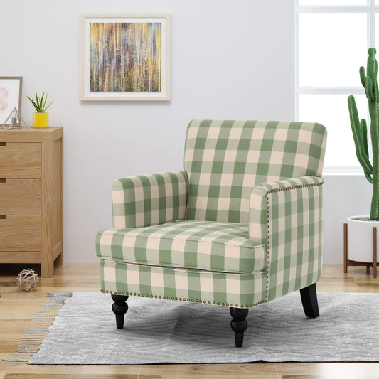 Eve Tufted Fabric Club Accent Chair, Green Checkerboard