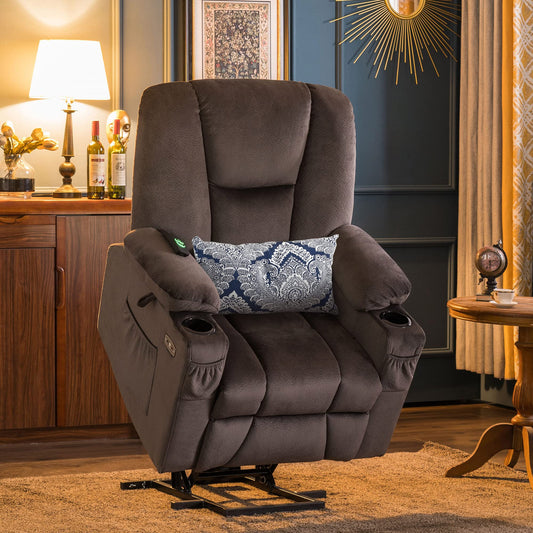 Light Grey Electric Power Lift Recliner Chair with Extended Footrest, 3 Positions, Hand Remote Control, Lumbar Pillow, 2 Cup Holders, USB Ports, 2 Side Pockets