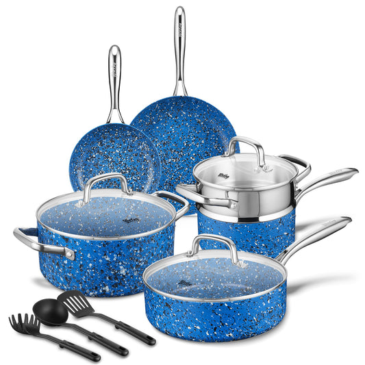 HLAFRG Nonstick Cookware Set Pots Pans and Cooking Utensils, 12 Piece Set, PFOA Free, Blue Granite