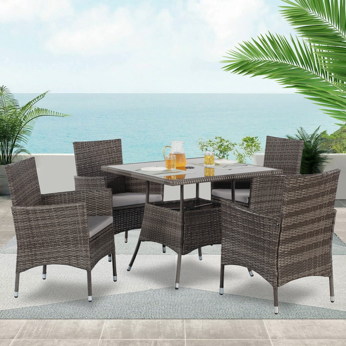Wisteria Lane Patio Dining Set, 5-Piece Wicker Outdoor Table and Chairs Set for 4, Square Tempered Glass Table Top with Umbrella Hole, Rattan Outdoor Furniture Set for Backyard Deck, Grey