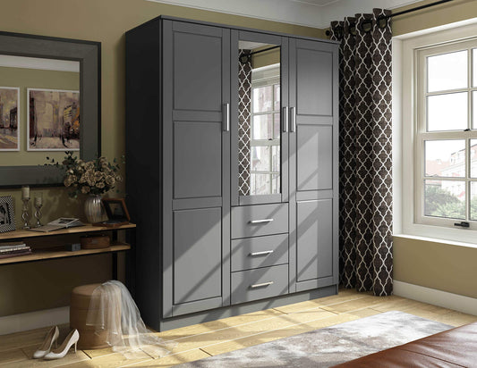 Cosmo Solid Wood 3-Door Wardrobe/Armoire/Closet with Mirror and 3 Drawers, Gray. Additional Shelves Sold Separately.
