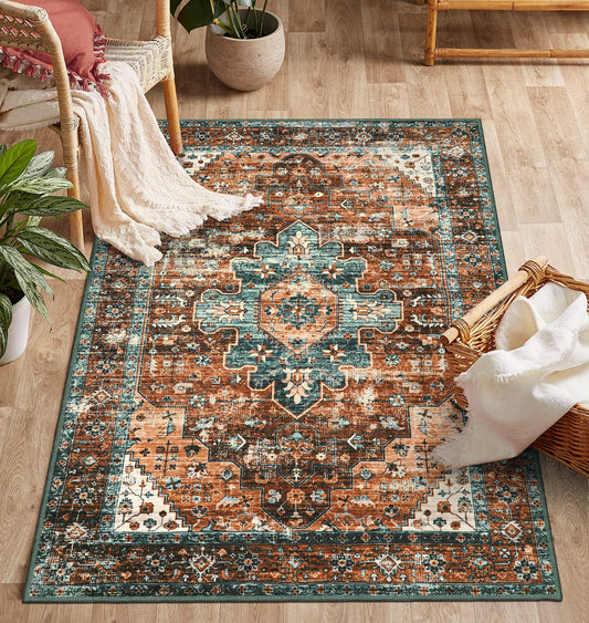 Moynesa Ultra-Thin Washable Vintage Area Rug - 3x5 Persian Non-Slip Entryway Rug Oriental Medallion Living Room Rug Entrance Mat Carpet for Kitchen Laundry Bathroom Bedroom, Brick Red/Dull Teal