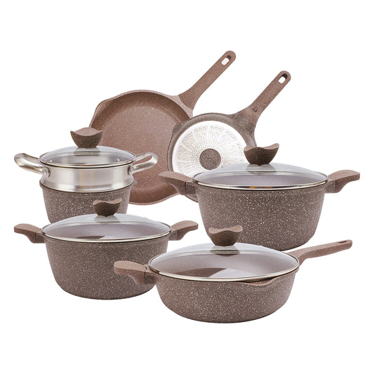 Country Kitchen Nonstick Induction Cookware Sets - 11 Piece Cast Aluminum Pots and Pans with BAKELITE Handles , Glass Lids -Chocolate Brown