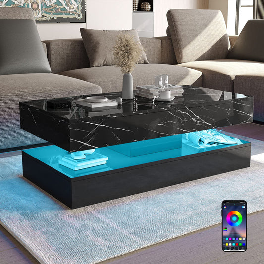 HOMFAMILIA LED Coffee Table with 2 Storage Drawers, Modern High Gloss Black Coffee Table w/20 Colors LED Lights, 2 Tiers Rectangle Center Table for Living Room with Marbling Print, APP Control(Black)