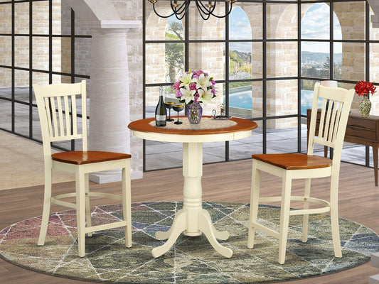Eden 3 Piece Kitchen Counter Set for Small Spaces Contains a Round Room Table with Pedestal and 2 Dining Chairs, 30x30 Inch, Buttermilk & Cherry