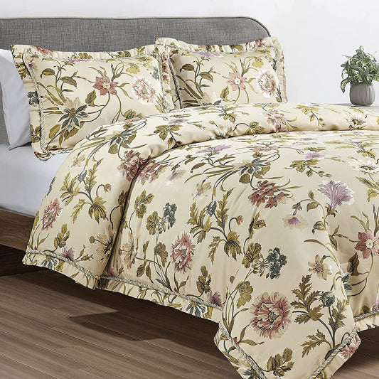 MOLLY ROCKY Queen Size 3 Pieces Jacquard Comforter Set, Luxury Traditional Warm Bedding Comforter Set (Beige, Queen)